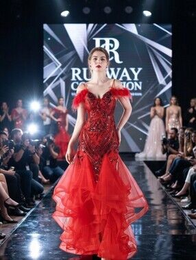 Red, Abstract Print,  V Neck, Ostrich Feather,  Sequined Mermaid Gown CUSTOM